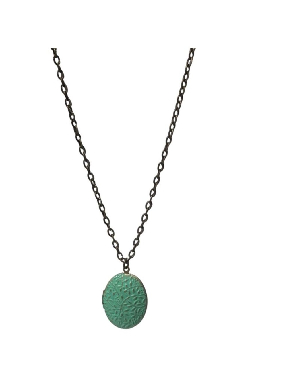 Vintage Oval Locket Necklace Green Leaf Pattern Bronze Chain Retro Fashion